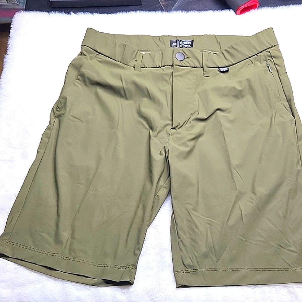 Green Flat Front Shorts for Casual Wear Khaki, Olive Green  Size 32